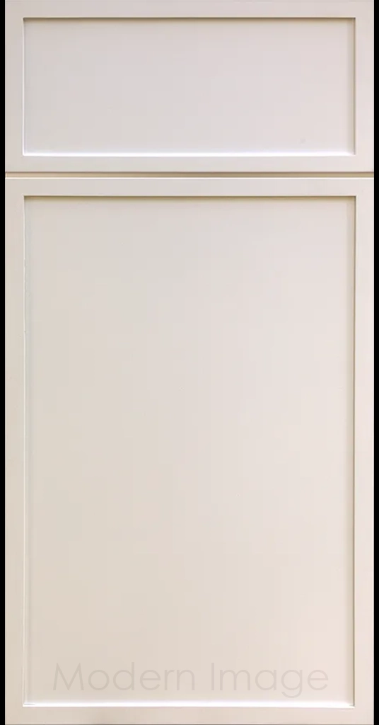 Close-up of a Beige color Arcadia shaker-style cabinet door, featuring slim stile and rail surrounding a flat center panel